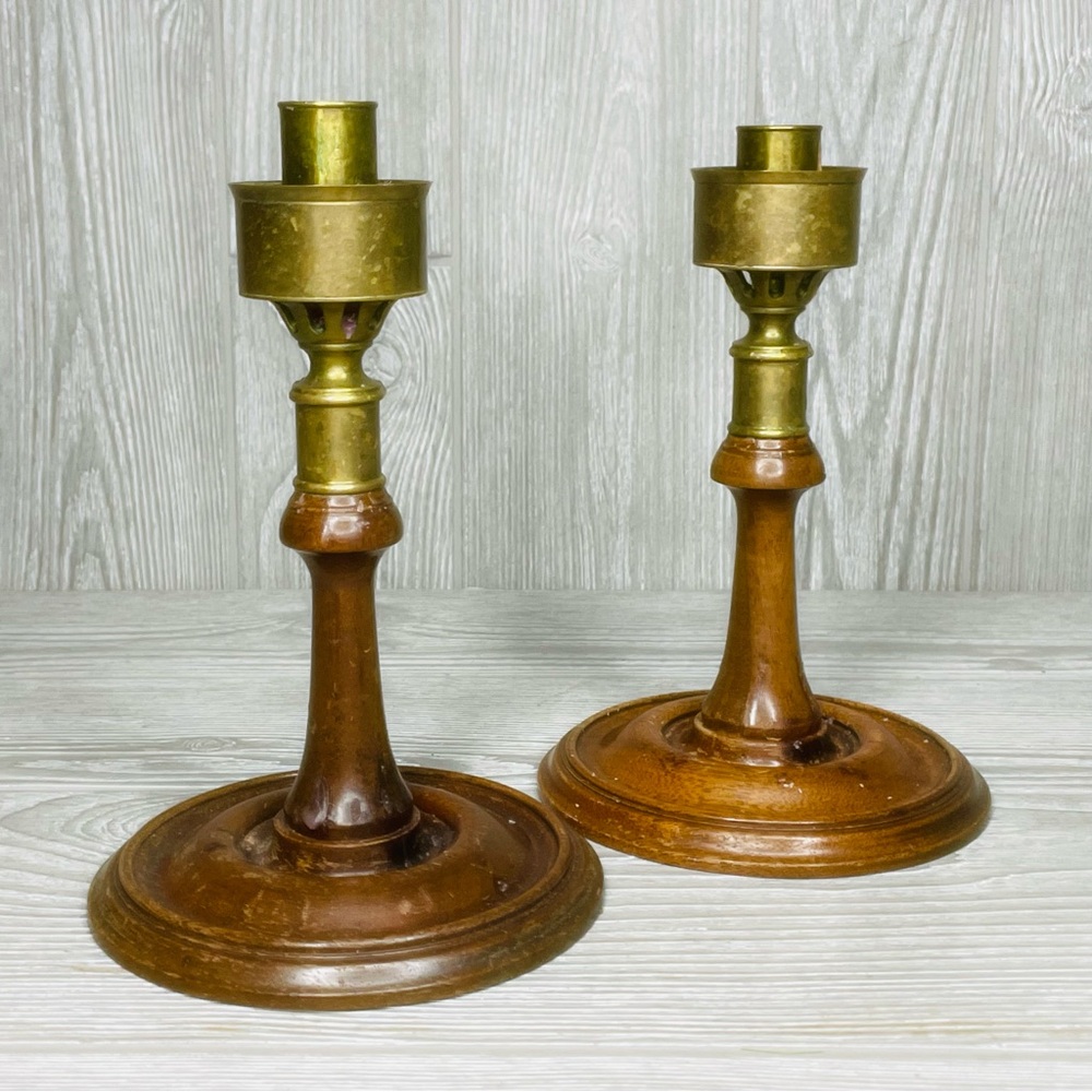 Vintage Brass Turned Wood Georgian Colonial Candlesticks set Holder / Hurricane